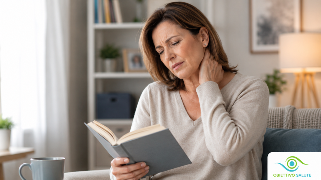 Una signora si tiene il collo a causa dei dolori alla cervicale, mentre legge un libro