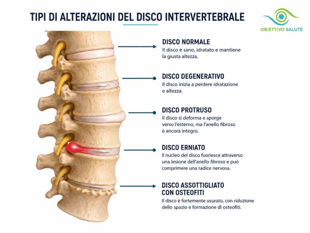 Questa immagine descrive le varie evoluzione, dal disco degenerato, alla protrusione, all'ernia discale e per finire un disco assottigliato con osteofiti
