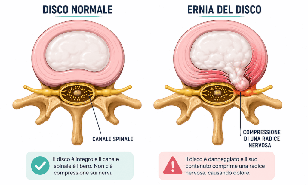 Sono presenti due immagini, la prima è quella di un disco intervertebrale sano, la seconda rappresenta un disco erniato con conseguente compressione della radice nervosa
