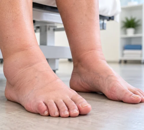Piedi gonfi con edema visibile sul dorso del piede e intorno alle caviglie