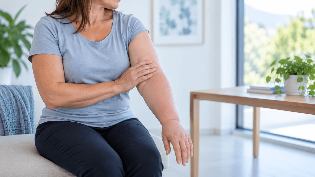 Donna con gonfiore al braccio causato da linfedema dell’arto superiore