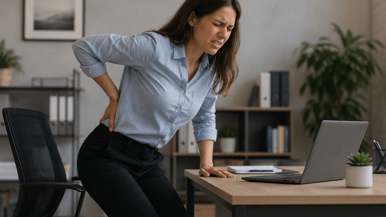 Una donna che avverte un dolore lombare mentre si alza dalla scrivania