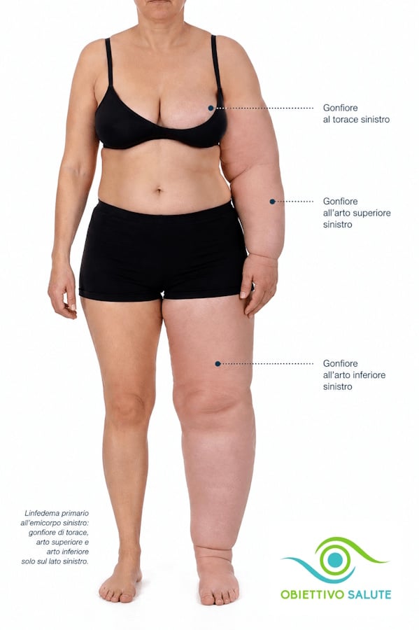 Una donna con linfedema primario che interessa arto superiore e inferiore sinistro oltre ad emitorace sinistro
