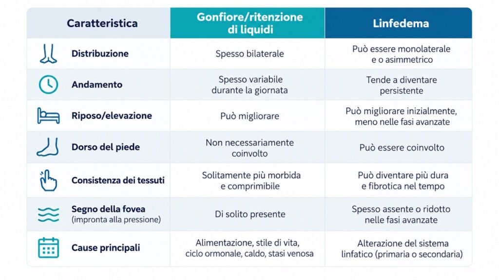 Tabella comparativa tra ritenzione idrica e linfedema: principali caratteristiche e differenze