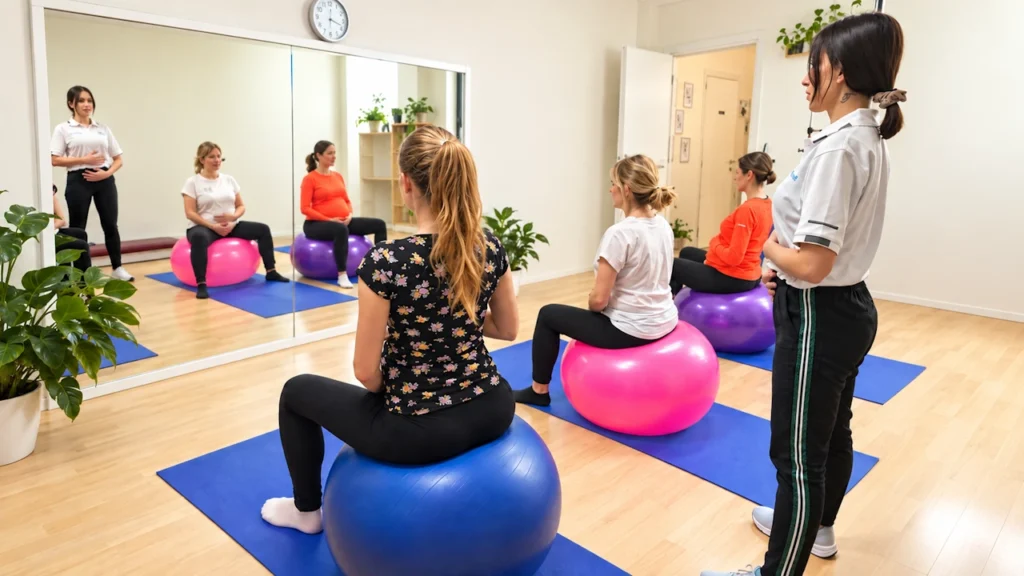 Ginnastica di gruppo in gravidanza con fitball presso Obiettivo Salute a Chiasso
